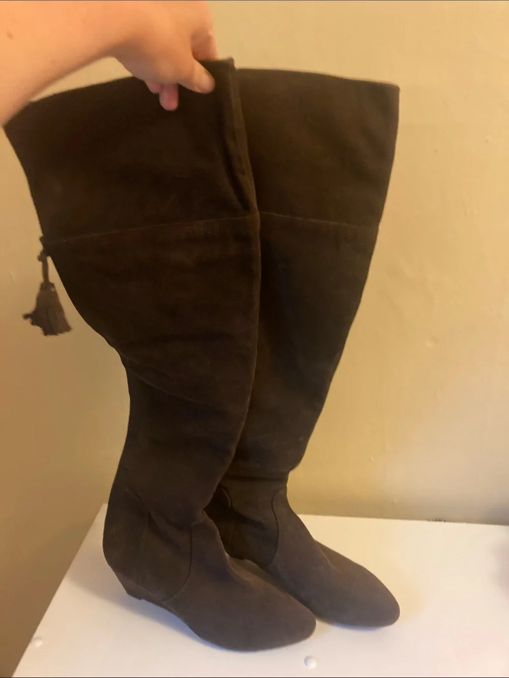 Juicy Couture Dark Brown Over-the-Knee Suede Wedge Boots